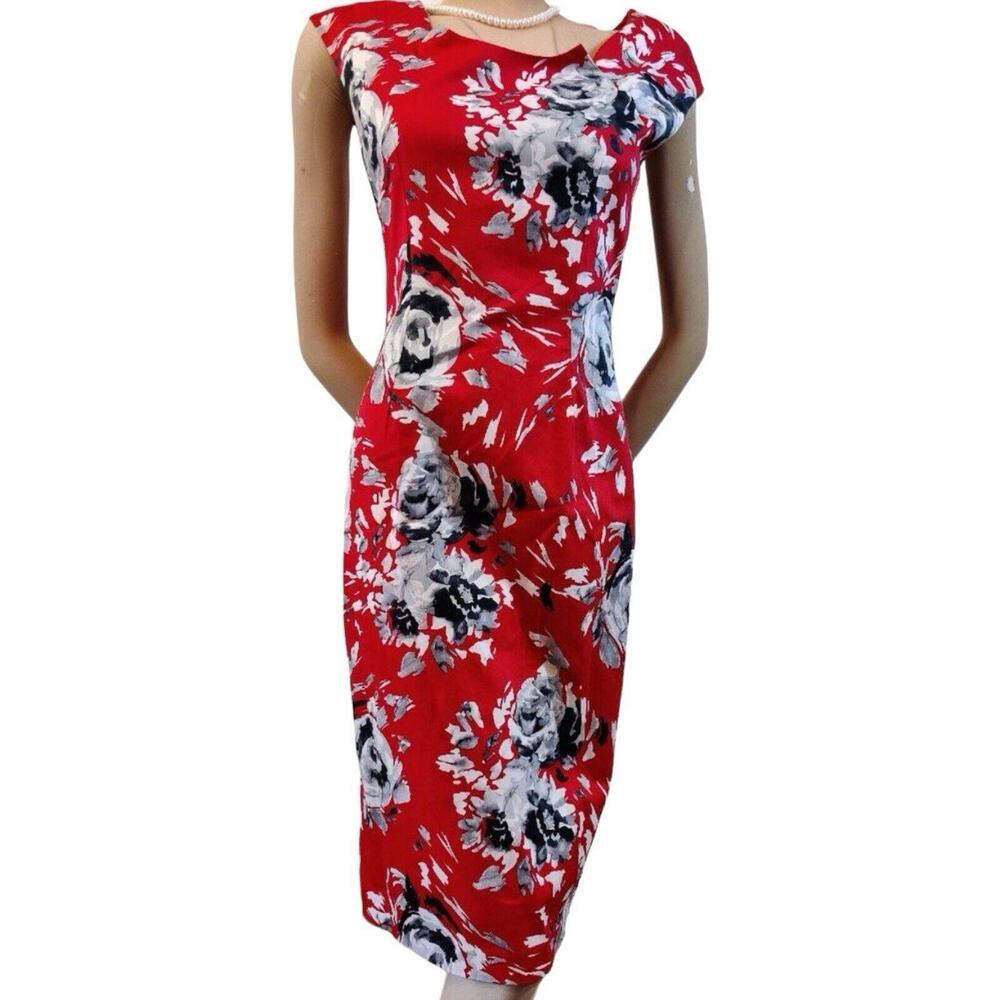 L.K BENNETT Elegant Red Floral Cotton Blend Shift Dress Knee Length 6